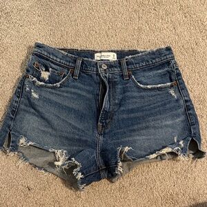 Abercrombie & Fitch Mom Jean Short High Rise Dark Blue Distressed Denim Shorts